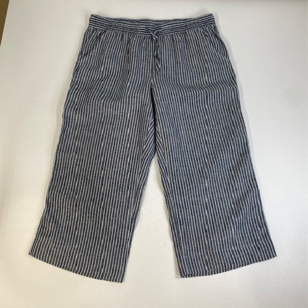 L.L.Bean Women's Linen Striped Cropped Wide Leg Pants Blue White Size 16 - Picture 1 of 9